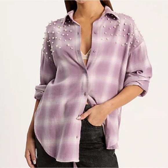Express Tops - Express Pearl Embellished Boyfriend Portofino Shirt